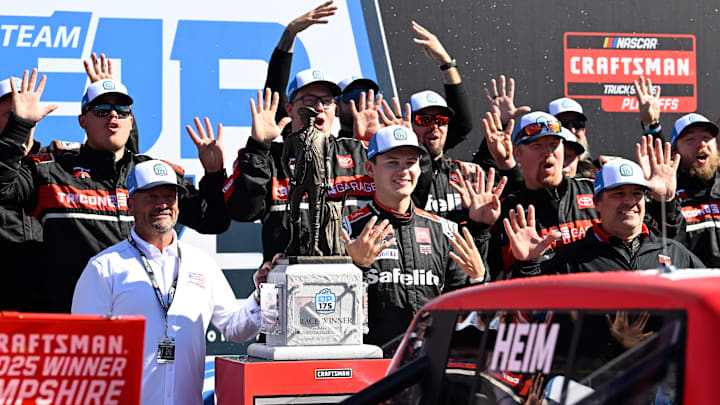 Sep 20, 2025; Loudon, New Hampshire, USA; NASCAR Craftsman Truck Series driver Corey Heim (11) celebrates winning the Team EJP 175 race at New Hampshire Motor Speedway.