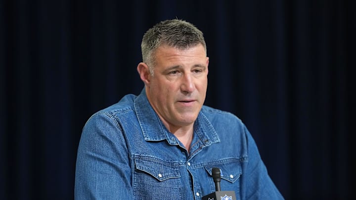 Feb 25, 2026; Indianapolis, IN, USA; New England Patriots coach Mike Vrabel speaks during the NFL Scouting Combine at the Indiana Convention Center. Feb 25, 2026; Indianapolis, IN, USA; New England Patriots coach Mike Vrabel speaks during the NFL Scouting Combine at the Indiana Convention Center.
