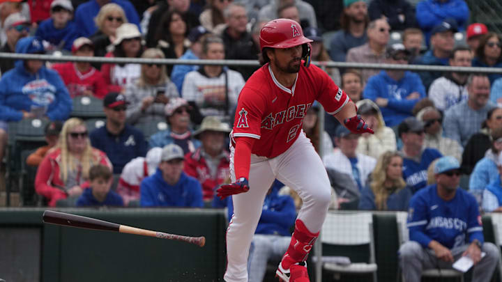 Mar 14, 2025; Tempe, Arizona, USA; Los Angeles Angels JD Davis hits a single against the Kansas City Royals in the third inning at Tempe Diablo Stadium. Mandatory Credit: Rick Scuteri-Imagn Images Mar 14, 2025; Tempe, Arizona, USA; Los Angeles Angels JD Davis hits a single against the Kansas City Royals in the third inning at Tempe Diablo Stadium. Mandatory Credit: Rick Scuteri-Imagn Images