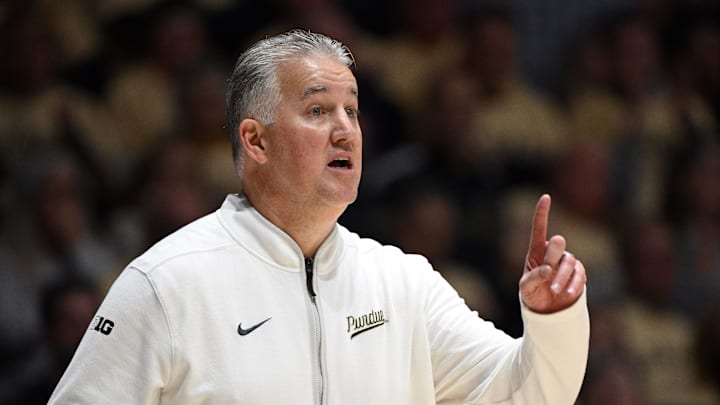 Feb 7, 2026; West Lafayette, Indiana, USA;  Purdue Boilermakers head coach Matt Painter motions toward his team during the second half against the Oregon Ducks at Mackey Arena. Mandatory Credit: Marc Lebryk-Imagn Images