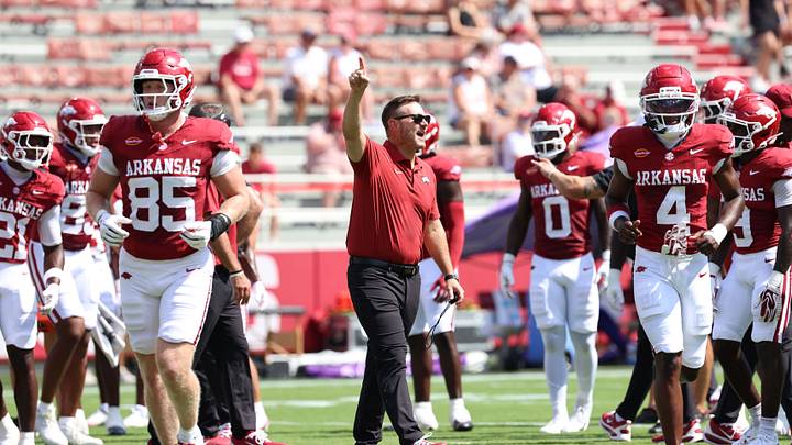 Sep 5, 2026; Fayetteville, Arkansas, USA;  Arkansas Razorbacks head coach Ryan Silverfield during warmups prior to the game against the North Alabama Lions at Donald W. Reynolds Razorback Stadium.  Mandatory Credit: Nelson Chenault-Imagn Images