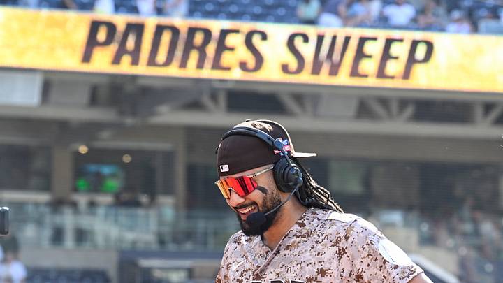 Aug 23, 2026; San Diego, California, USA; San Diego Padres right fielder Fernando Tatis Jr. (23) does an interview after the Padres beat the Minnesota Twins at Petco Park. Mandatory Credit: Denis Poroy-Imagn Images Aug 23, 2026; San Diego, California, USA; San Diego Padres right fielder Fernando Tatis Jr. (23) does an interview after the Padres beat the Minnesota Twins at Petco Park. Mandatory Credit: Denis Poroy-Imagn Images