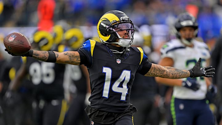 Nov 16, 2025; Inglewood, California, USA; Los Angeles Rams cornerback Cobie Durant (14) celebrates after making an interception during the second half against the Los Angeles Rams at SoFi Stadium. Mandatory Credit: Jayne Kamin-Oncea-Imagn Images