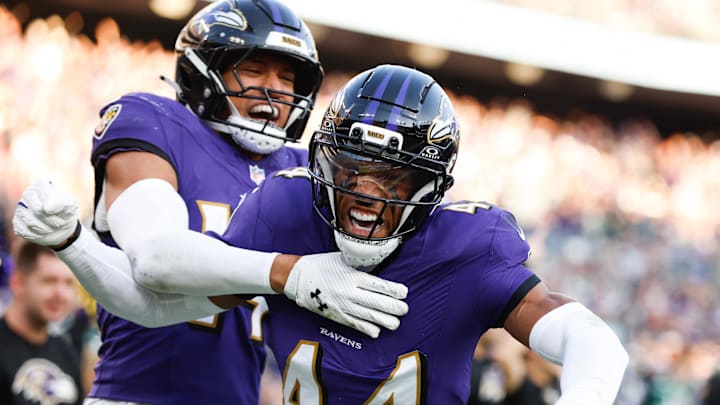 Nov 23, 2025; Baltimore, Maryland, USA; Baltimore Ravens cornerback Marlon Humphrey (44) celebrates after forcing a fumble during the fourth quarter against the New York Jets at M&T Bank Stadium. Mandatory Credit: Peter Casey-Imagn Images
