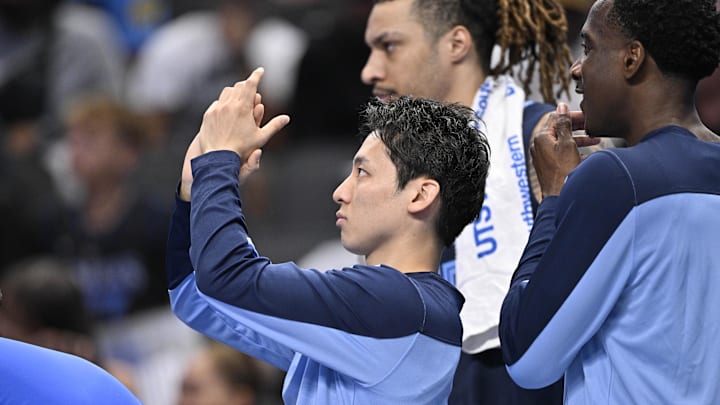 Oct 7, 2024; Dallas, Texas, USA; Memphis Grizzlies guard Yuki Kawamura (17) looks on from the bench during the second quarter against the Dallas Mavericks at the American Airlines Center. Mandatory Credit: Jerome Miron-Imagn Images