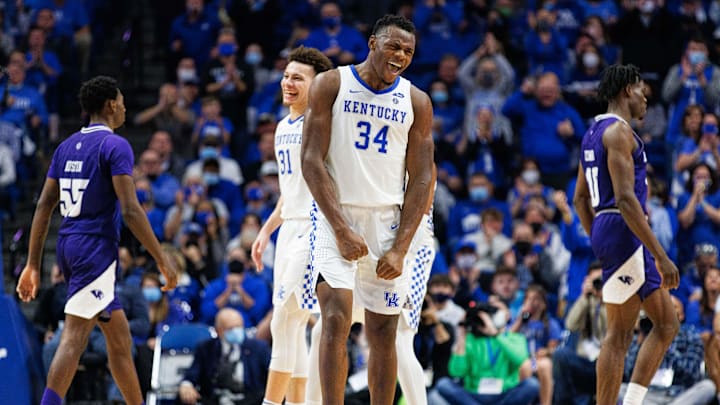 Dec 31, 2021; Lexington, Kentucky, USA; Kentucky Wildcats forward Oscar Tshiebwe (34) celebrates
