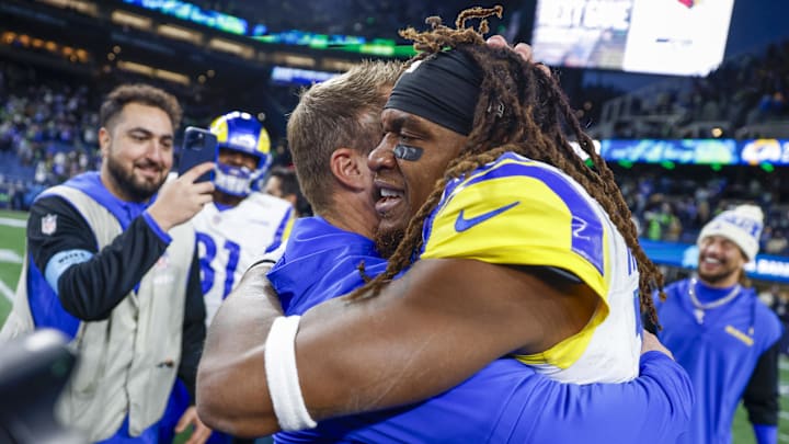 Nov 3, 2024; Seattle, Washington, USA; Los Angeles Rams wide receiver Demarcus Robinson (15) celebrates with head coach Sean McVay, left, after catching a game-wining touchdown pass against the Seattle Seahawks during overtime at Lumen Field. Mandatory Credit: Joe Nicholson-Imagn Images Nov 3, 2024; Seattle, Washington, USA; Los Angeles Rams wide receiver Demarcus Robinson (15) celebrates with head coach Sean McVay, left, after catching a game-wining touchdown pass against the Seattle Seahawks during overtime at Lumen Field. Mandatory Credit: Joe Nicholson-Imagn Images