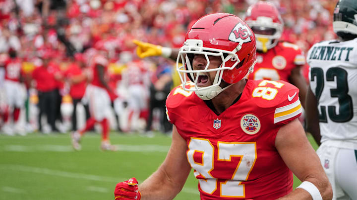 Sep 14, 2025; Kansas City, Missouri, USA; Kansas City Chiefs tight end Travis Kelce (87) celebrates after a play against the Philadelphia Eagles during the second quarter of the game at GEHA Field at Arrowhead Stadium. Mandatory Credit: Denny Medley-Imagn Images