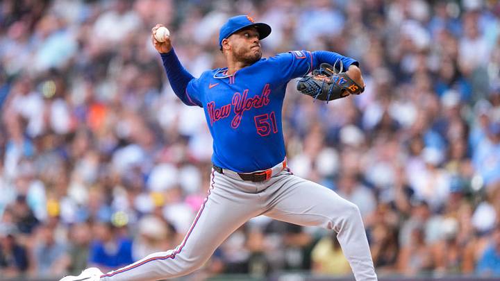 Jul 20, 2026; Milwaukee, Wisconsin, USA;  New York Mets pitcher Freddy Peralta (51) throws a pitch during the first inning against the Milwaukee Brewers at American Family Field. Mandatory Credit: Jeff Hanisch-Imagn Images