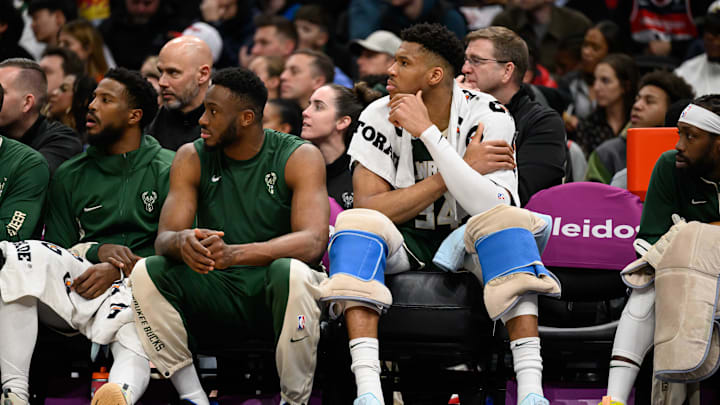 Apr 2, 2024; Washington, District of Columbia, USA; Milwaukee Bucks forward Giannis Antetokounmpo (34) and forward Thanasis Antetokounmpo (43) look on from the bench during the second quarter at Capital One Arena. Mandatory Credit: Reggie Hildred-Imagn Images Apr 2, 2024; Washington, District of Columbia, USA; Milwaukee Bucks forward Giannis Antetokounmpo (34) and forward Thanasis Antetokounmpo (43) look on from the bench during the second quarter at Capital One Arena. Mandatory Credit: Reggie Hildred-Imagn Images