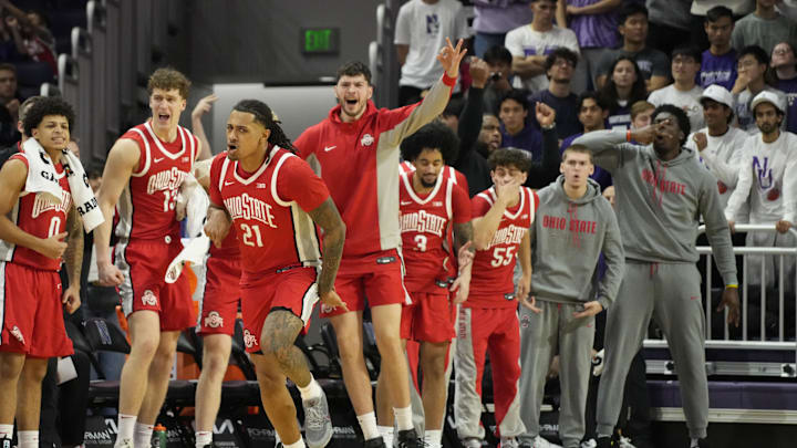 Dec 6, 2025; Evanston, Illinois, USA; Ohio State Buckeyes forward Devin Royal (21) celebrates his three-point basket against the Northwestern Wildcats during the second half at Welsh-Ryan Arena. Mandatory Credit: David Banks-Imagn Images