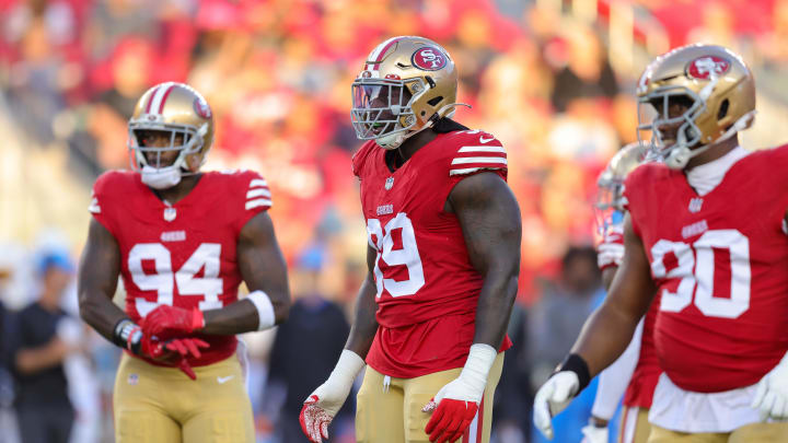 Aug 25, 2023; Santa Clara, California, USA; San Francisco 49ers defensive tackle Javon Kinlaw (99) during the game against the Los Angeles Chargers at Levi's Stadium. Aug 25, 2023; Santa Clara, California, USA; San Francisco 49ers defensive tackle Javon Kinlaw (99) during the game against the Los Angeles Chargers at Levi's Stadium.