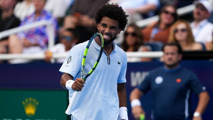 Aug 23, 2026; Cincinnati, OH, USA;  Arthur Fils (FRA) reacts after returning a shot against Frances Tiafoe (USA) during the finals of the Cincinnati Open at Lindner Family Tennis Center. Mandatory Credit: Aaron Doster-Imagn Images