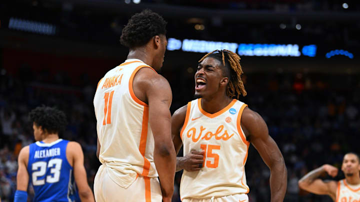 Mar 29, 2024; Detroit, MN, USA; Tennessee Volunteers forward Tobe Awaka (11) celebrates with guard