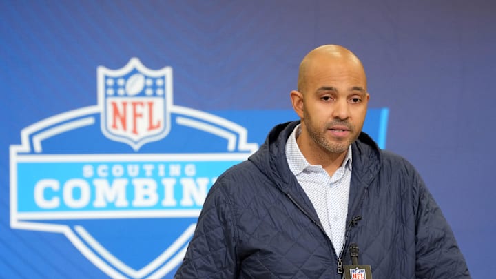 Feb 24, 2026; Indianapolis, IN, USA; Atlanta Falcons general manager Ian Cunningham speaks at the NFL Scouting Combine at the Indiana Convention Center. Mandatory Credit: Kirby Lee-Imagn Images Feb 24, 2026; Indianapolis, IN, USA; Atlanta Falcons general manager Ian Cunningham speaks at the NFL Scouting Combine at the Indiana Convention Center. Mandatory Credit: Kirby Lee-Imagn Images