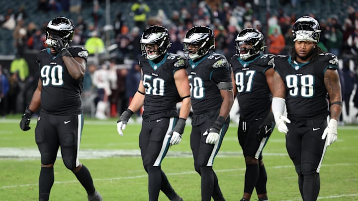 Nov 28, 2025; Philadelphia, Pennsylvania, USA; The Philadelphia Eagles defense walk off the field during the fourth quarter of the game against the Chicago Bears at Lincoln Financial Field. Mandatory Credit: Bill Streicher-Imagn Images