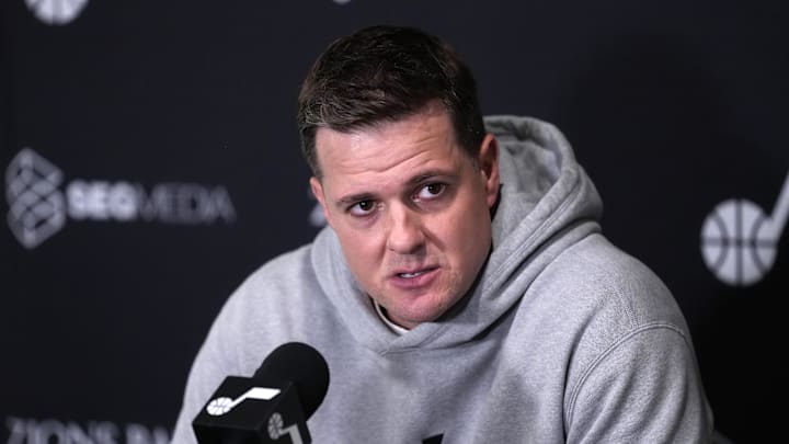 Nov 18, 2025; Los Angeles, California, USA; Utah Jazz head coach Will Hardy at press conference at Crypto.com Arena. Mandatory Credit: Kirby Lee-Imagn Images