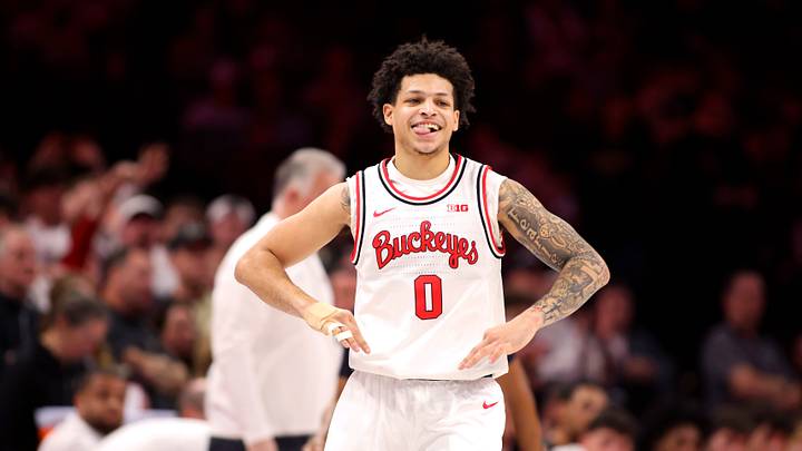 Mar 1, 2026; Columbus, Ohio, USA;  Ohio State Buckeyes guard John Mobley Jr. (0) celebrates during the second half against the Purdue Boilermakers at Value City Arena. Mandatory Credit: Joseph Maiorana-Imagn Images