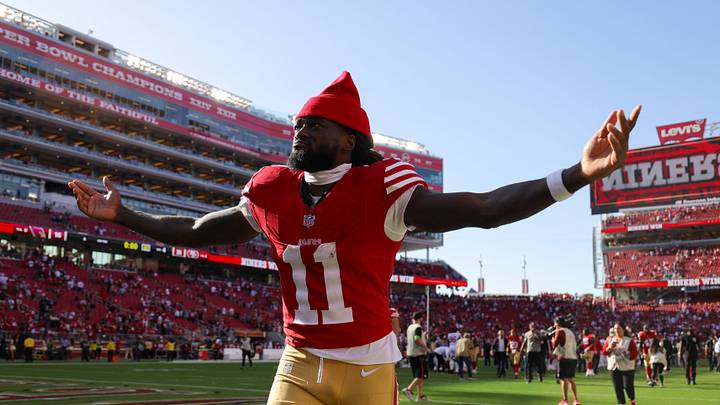 Oct 1, 2023; Santa Clara, California, USA; San Francisco 49ers wide receiver Brandon Aiyuk (11) celebrates after the game against the Arizona Cardinals at Levi's Stadium. Mandatory Credit: Sergio Estrada-USA TODAY Sports Oct 1, 2023; Santa Clara, California, USA; San Francisco 49ers wide receiver Brandon Aiyuk (11) celebrates after the game against the Arizona Cardinals at Levi's Stadium. Mandatory Credit: Sergio Estrada-USA TODAY Sports