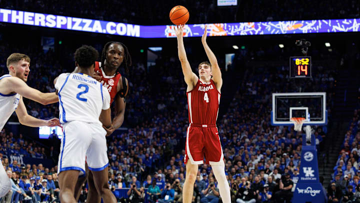 Jan 18, 2025; Lexington, Kentucky, USA; Alabama Crimson Tide forward Grant Nelson (4) shoots the ball during the first half against the Kentucky Wildcats at Rupp Arena at Central Bank Center. Mandatory Credit: Jordan Prather-Imagn Images Jan 18, 2025; Lexington, Kentucky, USA; Alabama Crimson Tide forward Grant Nelson (4) shoots the ball during the first half against the Kentucky Wildcats at Rupp Arena at Central Bank Center. Mandatory Credit: Jordan Prather-Imagn Images