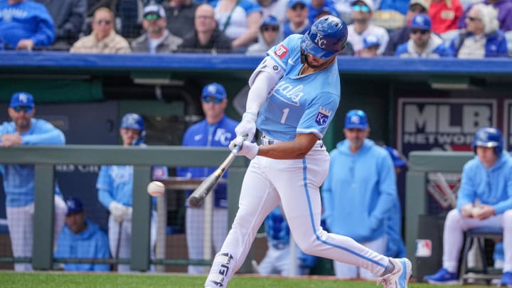 Apr 11, 2024; Kansas City, Missouri, USA; Kansas City Royals right fielder MJ Melendez (1) hits a double against the Houston Astros in the first inning at Kauffman Stadium. Mandatory Credit: Denny Medley-USA TODAY Sports Apr 11, 2024; Kansas City, Missouri, USA; Kansas City Royals right fielder MJ Melendez (1) hits a double against the Houston Astros in the first inning at Kauffman Stadium. Mandatory Credit: Denny Medley-USA TODAY Sports