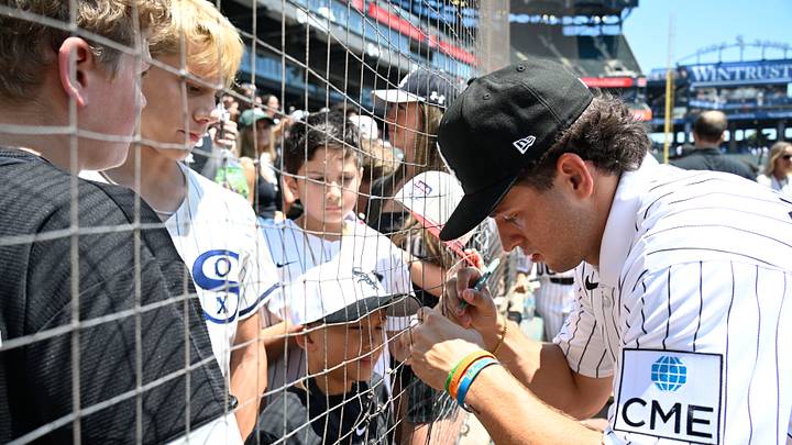 Jul 12, 2026; Chicago, Illinois, USA; Chicago White Sox number one draft pick Roch Cholowsky signs autographs before the team’s game against the Athletics at Rate Field. Mandatory Credit: Matt Marton-Imagn Images