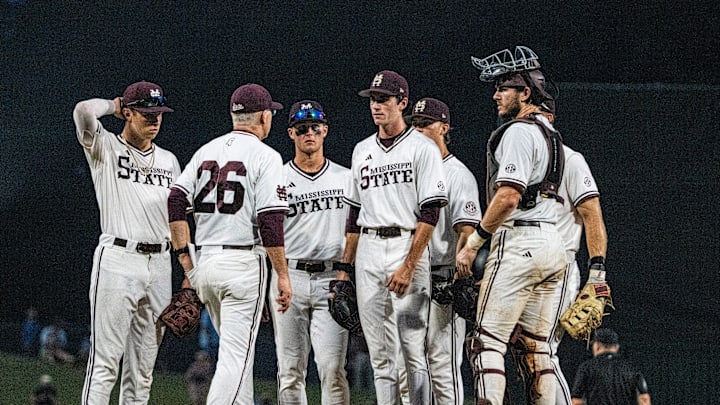 Mississippi State players meet on the pitcher’s mound during a college baseball game between Mississippi State and Ole Miss at Trustmark Park in Pearl, Miss., on Tuesday, April 28, 2026. Mississippi State defeated Ole Miss in the Governor’s Cup 7-3.