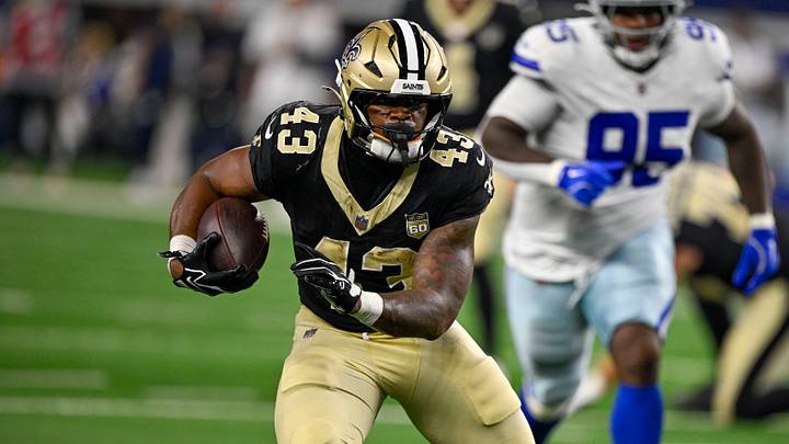 Aug 28, 2026; Arlington, Texas, USA; New Orleans Saints running back CJ Donaldson (43) runs with the ball during the game between the Cowboys and the Saints at AT&T Stadium. Mandatory Credit: Jerome Miron-Imagn Images Aug 28, 2026; Arlington, Texas, USA; New Orleans Saints running back CJ Donaldson (43) runs with the ball during the game between the Cowboys and the Saints at AT&T Stadium. Mandatory Credit: Jerome Miron-Imagn Images