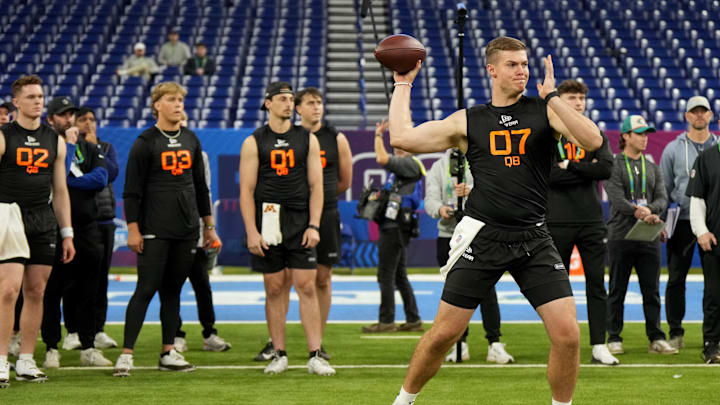 Mar 1, 2025; Indianapolis, IN, USA; Ohio State quarterback Will Howard (QB07) during the 2025 NFL Combine at Lucas Oil Stadium. Mandatory Credit: Kirby Lee-Imagn Images