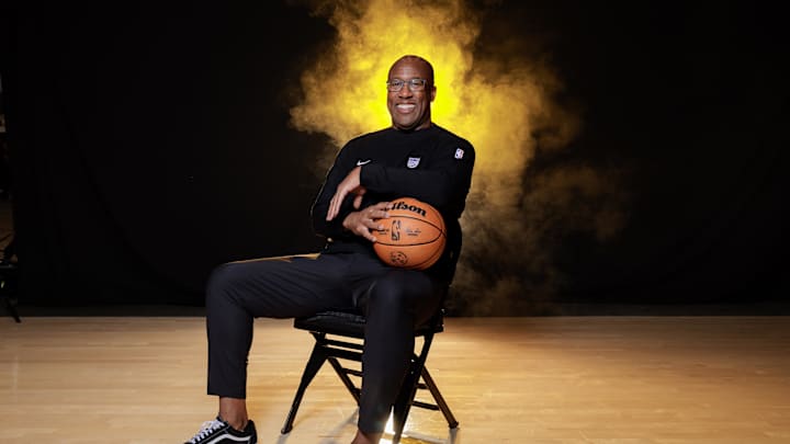 Sep 30, 2024; Sacramento, CA, USA; Sacramento Kings head coach Mike Brown during media day at Golden 1 Center. Mandatory Credit: Sergio Estrada-Imagn Images