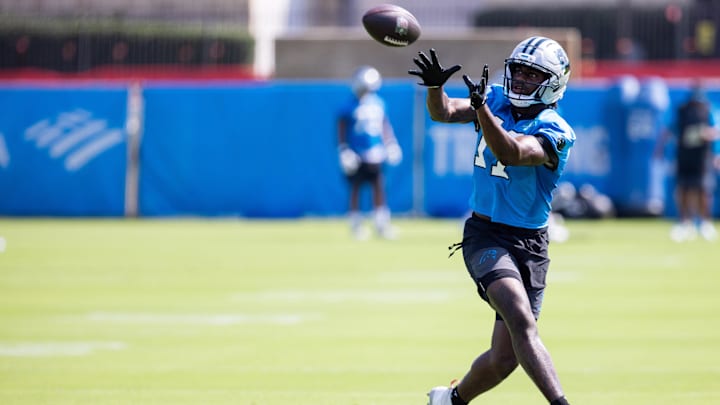 Jul 24, 2025; Charlotte, NC, USA; Carolina Panthers wide receiver Xavier Legette (17) catches a pass during training camp. Mandatory Credit: Scott Kinser-Imagn Images