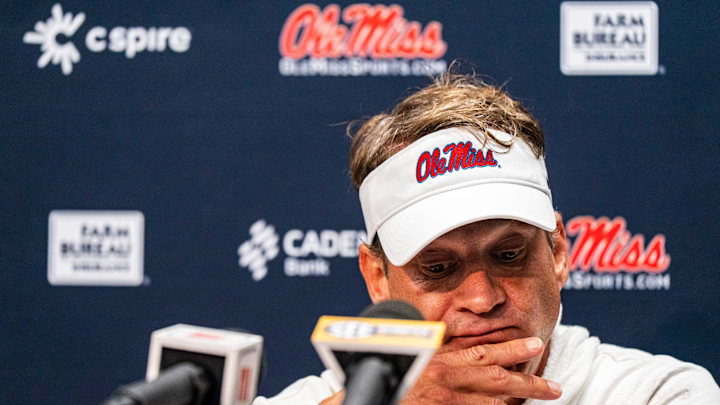 Ole Miss head coach Lane Kiffin answers questions from the press after a college football game between Mississippi State and Ole Miss at Davis Wade Stadium in Starkville, Miss., on Friday, Nov. 28, 2025. Ole Miss defeated Mississippi State 38-19 in the Egg Bowl.