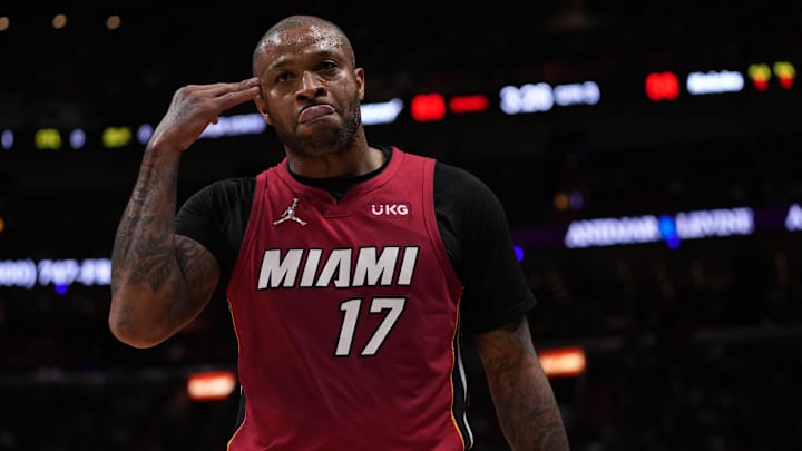 Jan 26, 2022; Miami, Florida, USA; Miami Heat forward P.J. Tucker (17) reacts after making a three point basket against the New York Knicks during the second half at FTX Arena. Mandatory Credit: Jasen Vinlove-Imagn Images