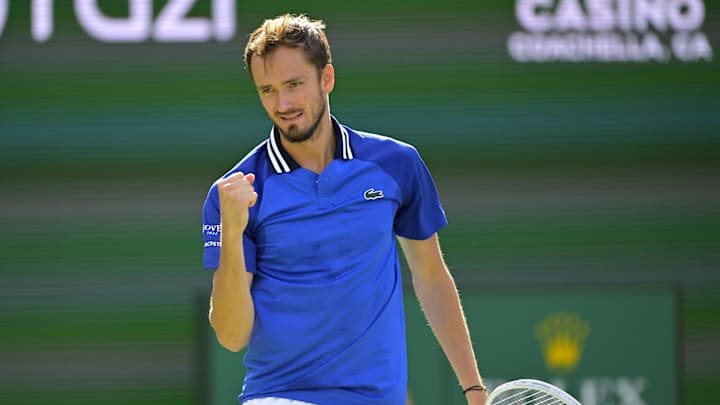 Mar 13, 2024; Indian Wells, CA, USA; Daniil Medvedev (RUS) reacts after winning a point in his fourth round match as he defeated Grigor Bimitrov (BUL) in the BNP Paribas Open at the Indian Wells Tennis Garden. Mandatory Credit: Jayne Kamin-Oncea-Imagn Images