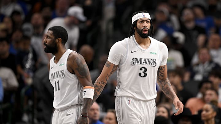 Feb 8, 2025; Dallas, Texas, USA; Dallas Mavericks guard Kyrie Irving (11) and forward Anthony Davis (3) during the game between the Dallas Mavericks and the Houston Rockets at the American Airlines Center. Mandatory Credit: Jerome Miron-Imagn Images