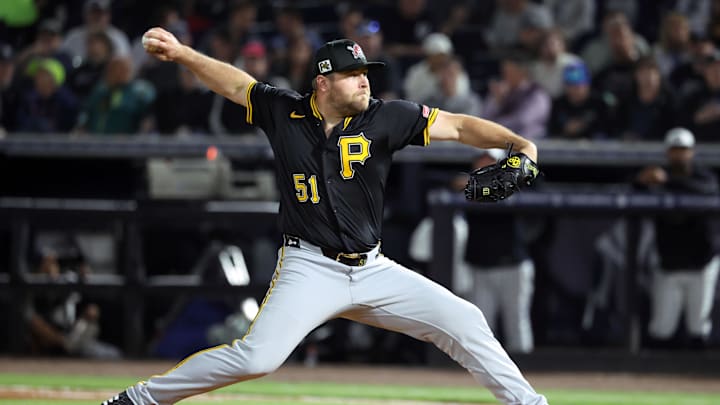 Pittsburgh Pirates pitcher David Bednar (51) throws a pitch during the fourth inning against the New York Yankees at George M. Steinbrenner Field in Tampa, Fla., on March 3, 2025. Pittsburgh Pirates pitcher David Bednar (51) throws a pitch during the fourth inning against the New York Yankees at George M. Steinbrenner Field in Tampa, Fla., on March 3, 2025.