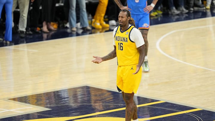 Jun 19, 2025; Indianapolis, Indiana, USA; Indiana Pacers forward James Johnson (16) reacts after being ejected from the game during the second half of game six of the 2025 NBA Finals between the Oklahoma City Thunder and the Indiana Pacers at Gainbridge Fieldhouse. Mandatory Credit: Kyle Terada-Imagn Images