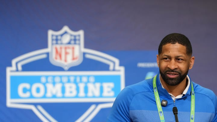 Feb 24, 2026; Indianapolis, IN, USA; Cleveland Browns general manager Andrew Berry speaks at the NFL Scouting Combine at the Indiana Convention Center. Mandatory Credit: Kirby Lee-Imagn Images