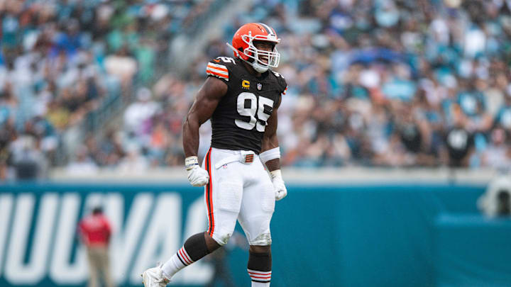 Sep 15, 2024; Jacksonville, Florida, USA; Cleveland Browns defensive end Myles Garrett (95) celebrates a stop against the Jacksonville Jaguars in the third quarter at EverBank Stadium. Mandatory Credit: Jeremy Reper-Imagn Images