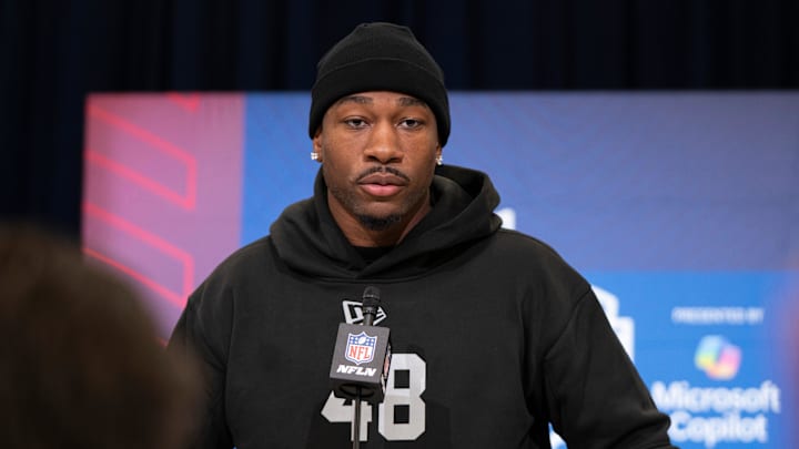 Feb 26, 2026; Indianapolis, IN, USA; Oklahoma defensive back Robert Spears-Jennings (DB48) speaks to members of the media during the NFL Combine at the Indiana Convention Center. Mandatory Credit: Jacob Musselman-Imagn Images