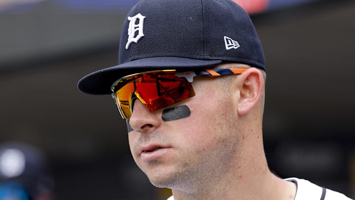 Jun 8, 2025; Detroit, Michigan, USA;  Detroit Tigers first baseman Spencer Torkelson (20) in the dugout in the first inning against the Chicago Cubs at Comerica Park. 