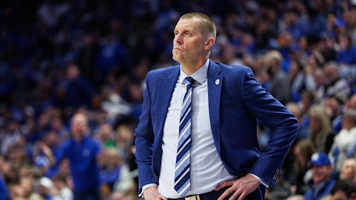 Feb 7, 2026; Lexington, Kentucky, USA; Kentucky Wildcats head coach Mark Pope looks on during the first half against the Tennessee Volunteers at Rupp Arena at Central Bank Center. Mandatory Credit: Jordan Prather-Imagn Images