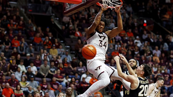 Mar 2, 2024; Blacksburg, Virginia, USA; Virginia Tech Hokies forward Mylyjael Poteat (34) dunks the
