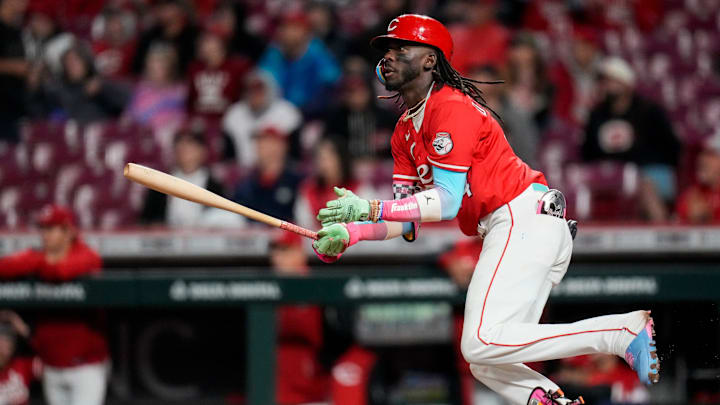 Cincinnati Reds shortstop Elly De La Cruz (44) hits an RBI double, scoring Matt McLain from first base, in the ninth inning of the MLB National League game between the Cincinnati Reds and the Washington Nationals at Great American Ball Park in downtown Cincinnati on Saturday, May 3, 2025. The Nationals won the second game of the series, 11-6. Cincinnati Reds shortstop Elly De La Cruz (44) hits an RBI double, scoring Matt McLain from first base, in the ninth inning of the MLB National League game between the Cincinnati Reds and the Washington Nationals at Great American Ball Park in downtown Cincinnati on Saturday, May 3, 2025. The Nationals won the second game of the series, 11-6.
