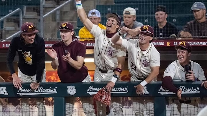 Gophers baseball celebrating their first three-game series sweep of the season over Northwestern.
