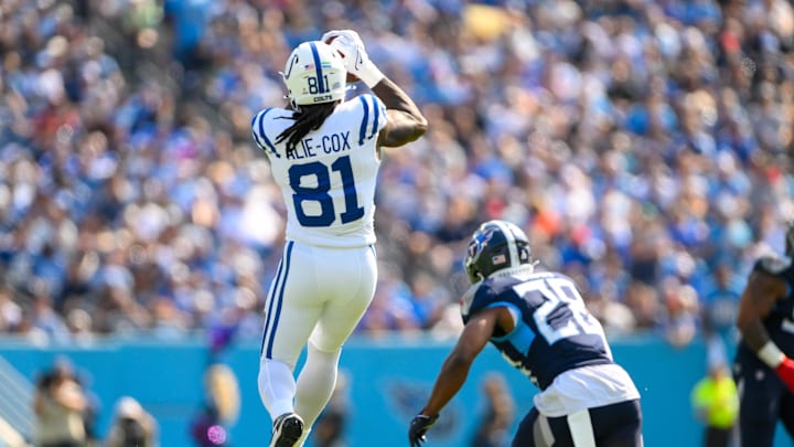 Oct 13, 2024; Nashville, Tennessee, USA;  Indianapolis Colts tight end Mo Alie-Cox (81) makes a catch over the middle against the Tennessee Titans during the first half at Nissan Stadium. Mandatory Credit: Steve Roberts-Imagn Images