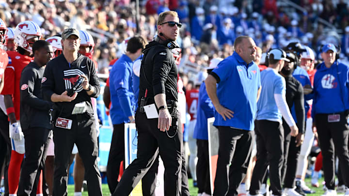 Nov 8, 2025; Chestnut Hill, Massachusetts, USA; Southern Methodist University Mustangs head coach Rhett Lashlee looks back during the second half against the Boston College Eagles at Alumni Stadium. Mandatory Credit: Eric Canha-Imagn Images