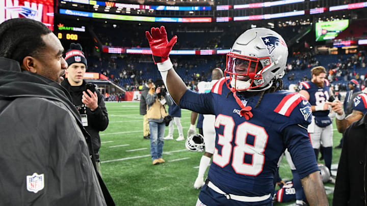 Jan 4, 2026; Foxborough, Massachusetts, USA; New England Patriots running back Rhamondre Stevenson (38) walks on the field after the game against the Miami Dolphins at Gillette Stadium. Mandatory Credit: Brian Fluharty-Imagn Images
