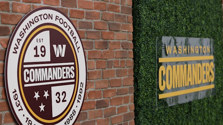 Feb 2, 2022; Landover, MD, USA; A view of the new logos during a press conference revealing the Washington Commanders as the new name for the formerly named Washington Football Team at FedEx Field. Mandatory Credit: Geoff Burke-Imagn Images