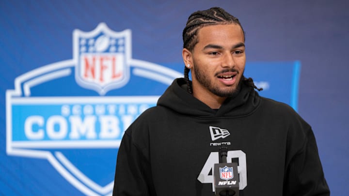 Arizona defensive back Treydan Stukes speaks to members of the media during the NFL Combine.